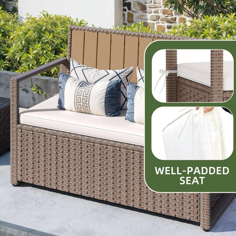 Uforic 70 Gallon Outdoor Storage Bench with Seat Cushion,All-Weather PE Rattan Patio Deck Boxes - Beige - Image 7