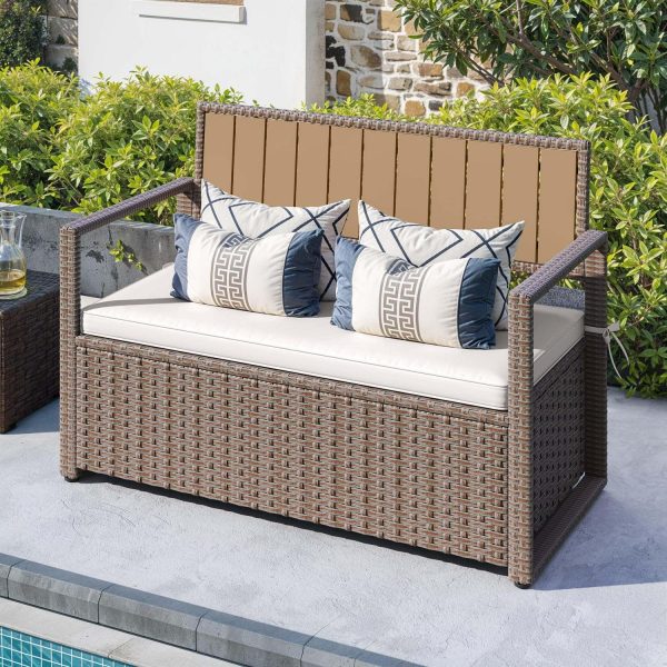 Uforic 70 Gallon Outdoor Storage Bench with Seat Cushion,All-Weather PE Rattan Patio Deck Boxes - Beige