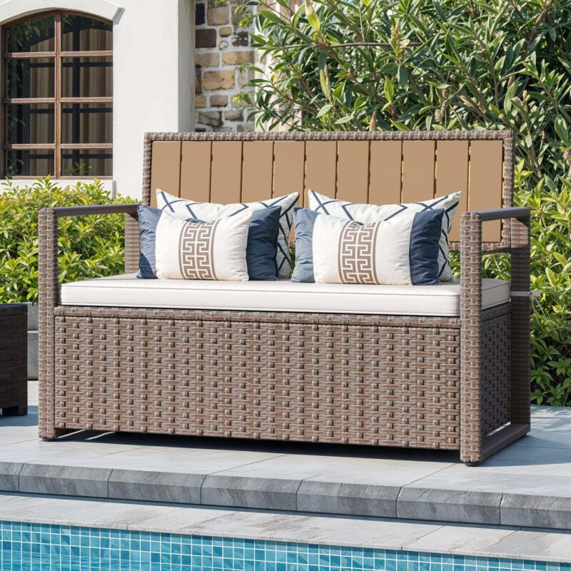 Uforic 70 Gallon Outdoor Storage Bench with Seat Cushion,All-Weather PE Rattan Patio Deck Boxes - Beige - Image 2