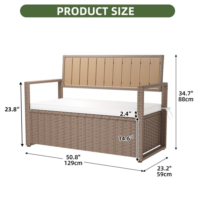Uforic 70 Gallon Outdoor Storage Bench with Seat Cushion,All-Weather PE Rattan Patio Deck Boxes - Beige - Image 4