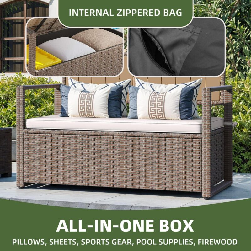 Uforic 70 Gallon Outdoor Storage Bench with Seat Cushion,All-Weather PE Rattan Patio Deck Boxes - Beige - Image 6