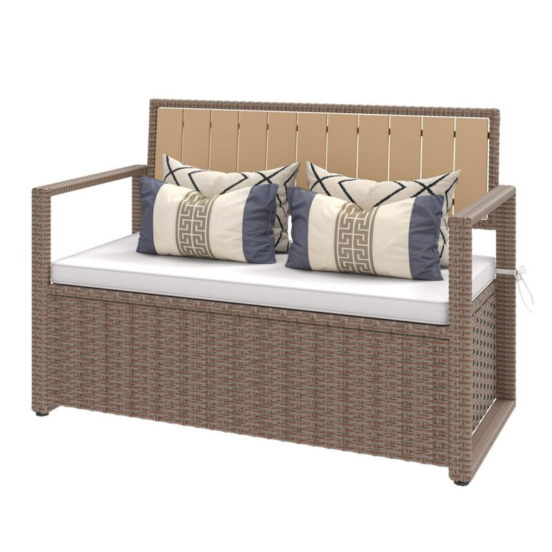 Uforic 70 Gallon Outdoor Storage Bench with Seat Cushion,All-Weather PE Rattan Patio Deck Boxes - Beige - Image 3