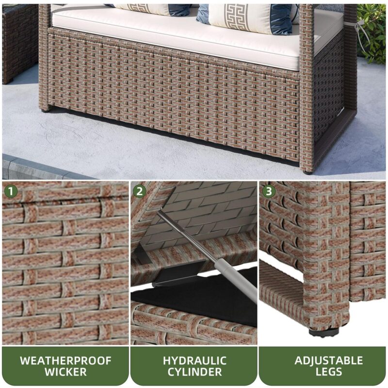 Uforic 70 Gallon Outdoor Storage Bench with Seat Cushion,All-Weather PE Rattan Patio Deck Boxes - Beige - Image 5