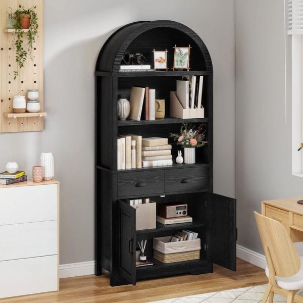 Uforic 71   Tall Bookshelf with Storage, Wooden Arched Bookcase with 2 Drawers and Shelves for Living Room, Black