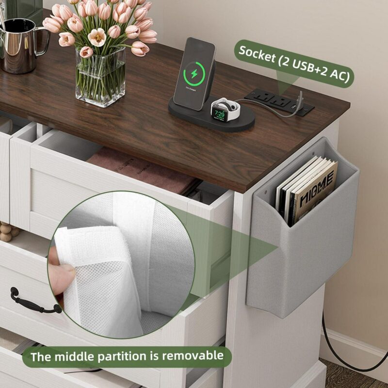 Uforic 7-Drawer Double Dresser with Power Outlets, Horizontal Wood Chest of Drawer, White - Image 3