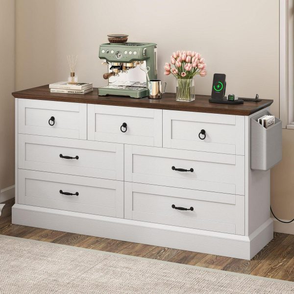 Uforic 7-Drawer Double Dresser with Power Outlets, Horizontal Wood Chest of Drawer, White