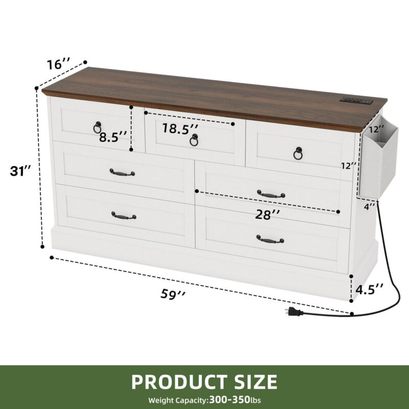Uforic 7-Drawer Double Dresser with Power Outlets, Horizontal Wood Chest of Drawer, White - Image 4
