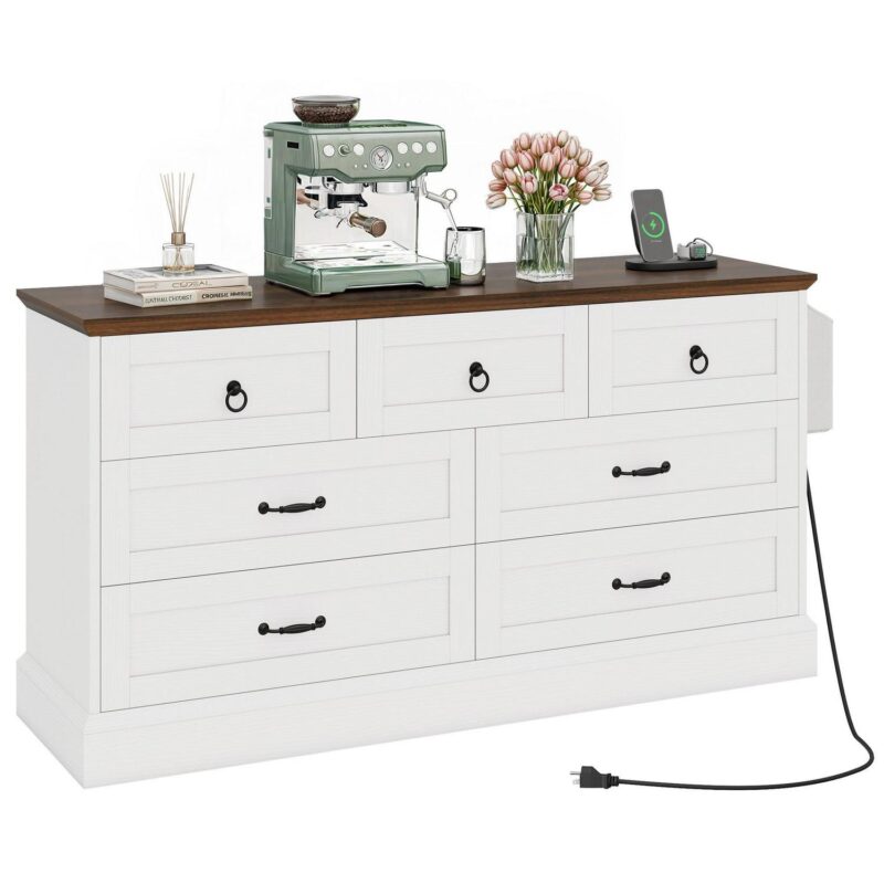 Uforic 7-Drawer Double Dresser with Power Outlets, Horizontal Wood Chest of Drawer, White - Image 8