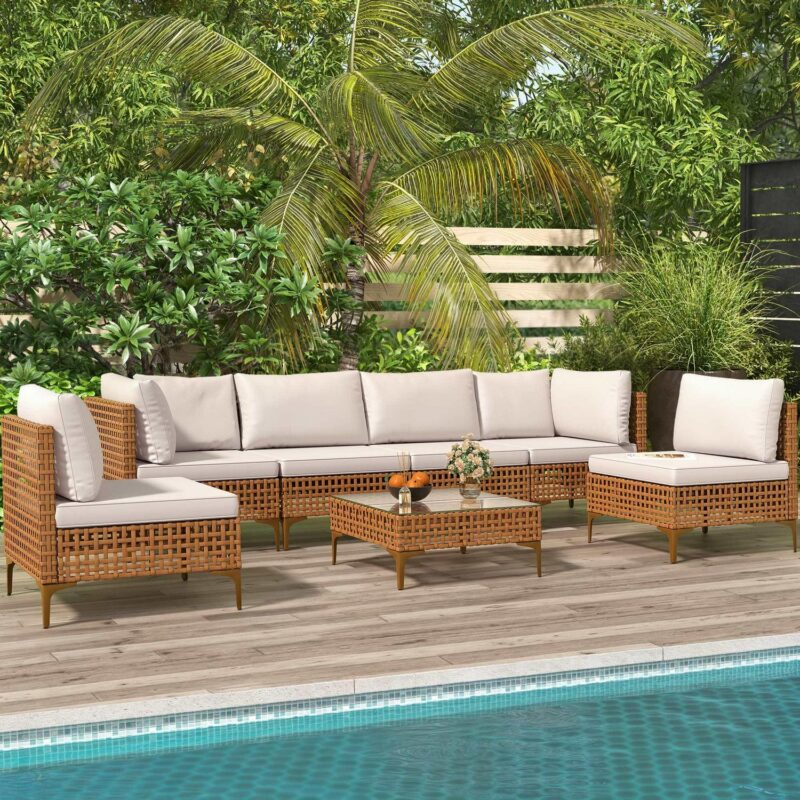 Uforic 7-Piece Outdoor Patio Furniture Set, PE Wicker Sectional Sofa Couch Patio Conversation Set for Outdoor Sectional Sofa with Coffee Table and Beige Cushions