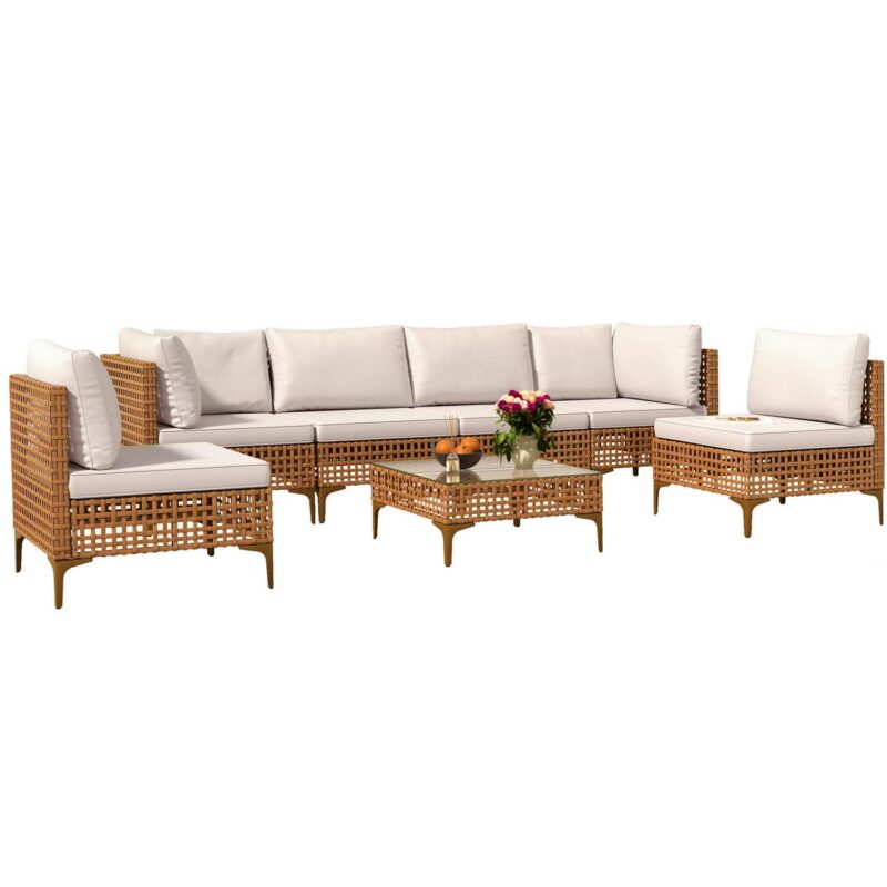 Uforic 7-Piece Outdoor Patio Furniture Set, PE Wicker Sectional Sofa Couch Patio Conversation Set for Outdoor Sectional Sofa with Coffee Table and Beige Cushions - Image 3