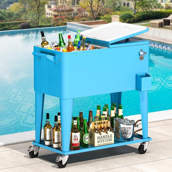 Uforic 80 Quart Patio Rolling Cooler Cart, Outdoor Portable Beverage Ice Chest Cart, with Bottle Opener, Drain and Storage Shelf , Blue