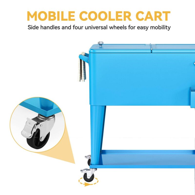 Uforic 80 Quart Patio Rolling Cooler Cart, Outdoor Portable Beverage Ice Chest Cart, with Bottle Opener, Drain and Storage Shelf , Blue - Image 4
