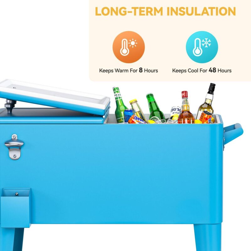 Uforic 80 Quart Patio Rolling Cooler Cart, Outdoor Portable Beverage Ice Chest Cart, with Bottle Opener, Drain and Storage Shelf , Blue - Image 5