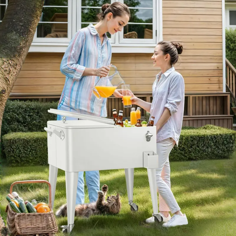 Uforic 80 Quart Rolling Ice Chest Cooler Cart,Outdoor Portable Beverage Cart with Bottle Opener and Drain, White - Image 4