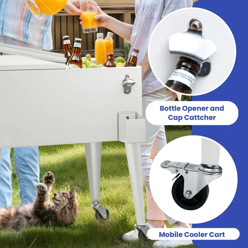 Uforic 80 Quart Rolling Ice Chest Cooler Cart,Outdoor Portable Beverage Cart with Bottle Opener and Drain, White - Image 7