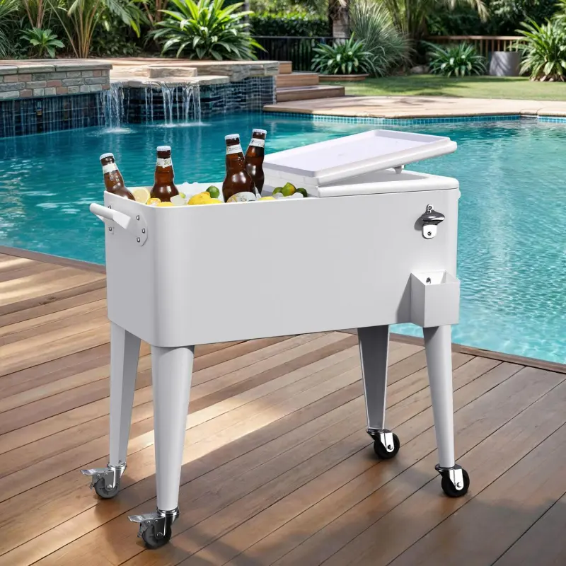Uforic 80 Quart Rolling Ice Chest Cooler Cart,Outdoor Portable Beverage Cart with Bottle Opener and Drain, White - Image 2