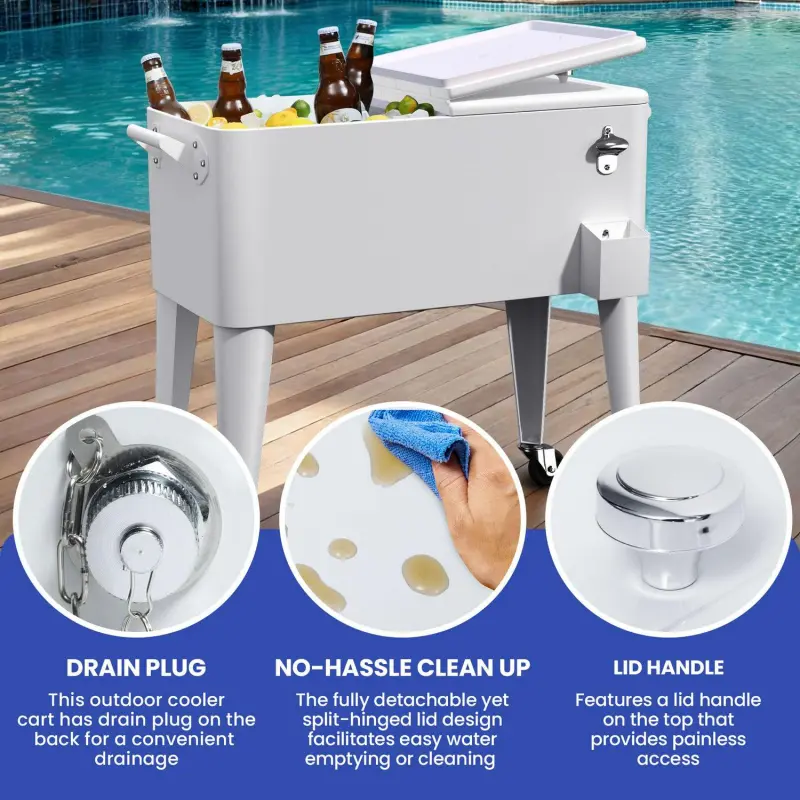 Uforic 80 Quart Rolling Ice Chest Cooler Cart,Outdoor Portable Beverage Cart with Bottle Opener and Drain, White - Image 5