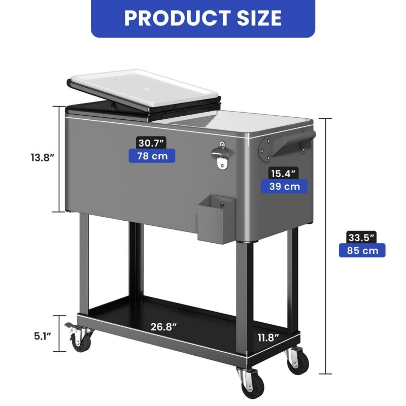 Uforic 80 Quart Rolling Ice Chest Cooler Cart,Outdoor Portable Beverage Cart, with Bottle Opener, Storage Shelf and Drain, Gray - Image 3
