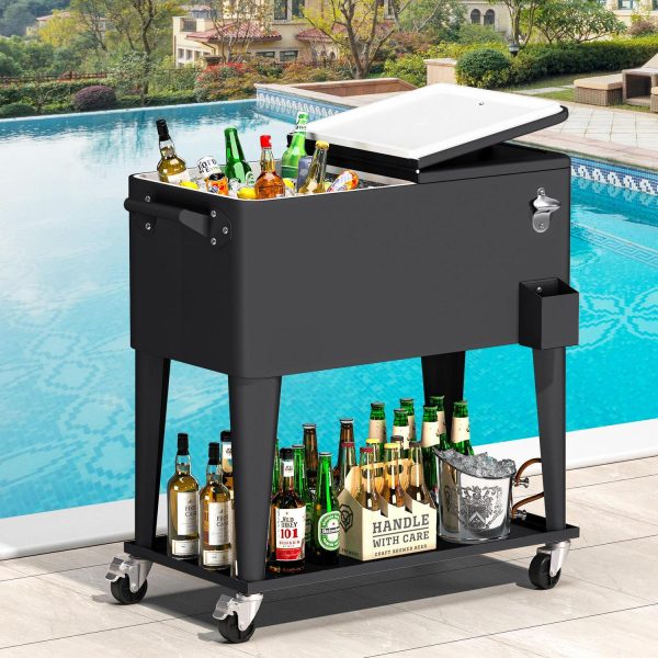 Uforic 80 Quart Rolling Ice Chest Cooler Cart, Outdoor Portable Beverage Cart, with Handles, Bottle Opener and Drain, Black