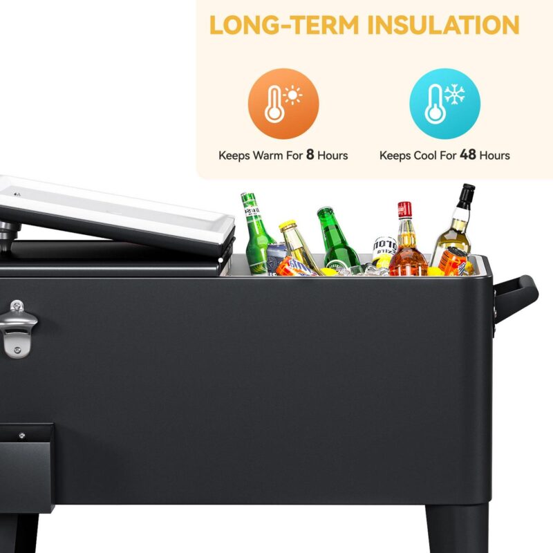 Uforic 80 Quart Rolling Ice Chest Cooler Cart, Outdoor Portable Beverage Cart, with Handles, Bottle Opener and Drain, Black - Image 4