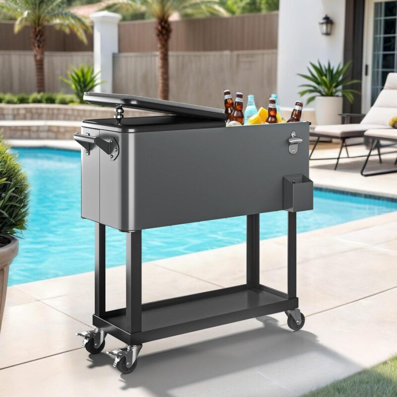Uforic 80 Quart Rolling Ice Chest Cooler Cart,Outdoor Portable Beverage Cart, with Bottle Opener, Storage Shelf and Drain, Gray - Image 2