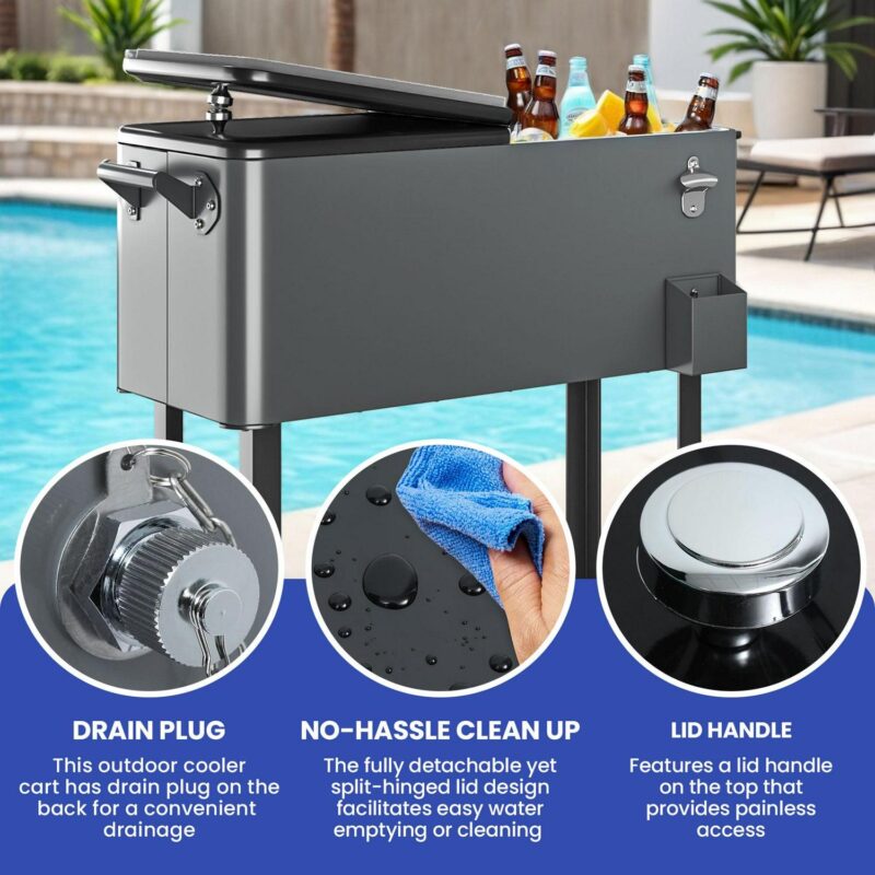 Uforic 80 Quart Rolling Ice Chest Cooler Cart,Outdoor Portable Beverage Cart, with Bottle Opener, Storage Shelf and Drain, Gray - Image 4