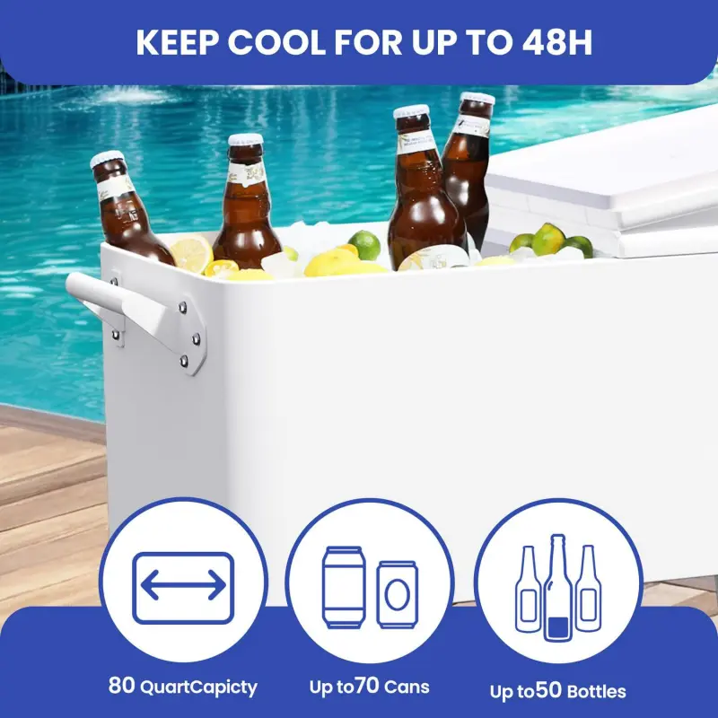 Uforic 80 Quart Rolling Ice Chest Cooler Cart,Outdoor Portable Beverage Cart with Bottle Opener and Drain, White - Image 6