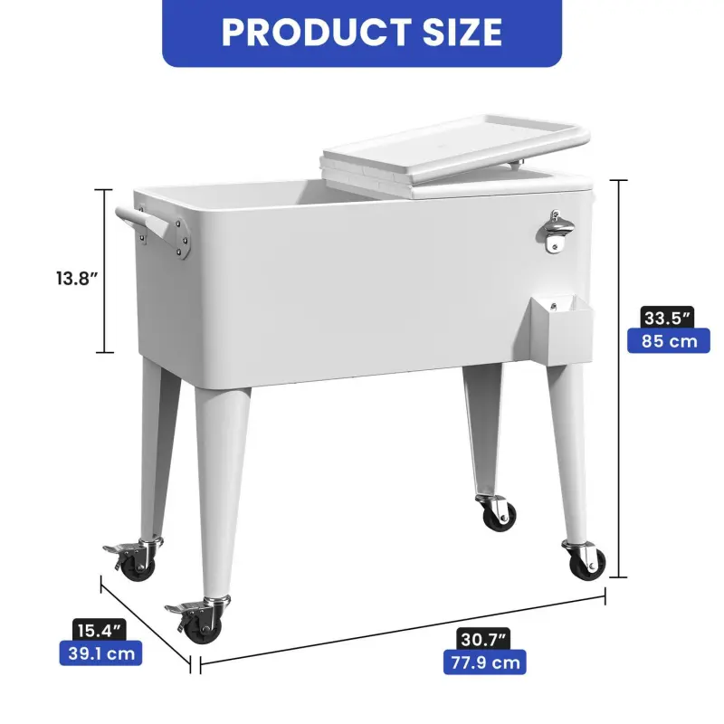 Uforic 80 Quart Rolling Ice Chest Cooler Cart,Outdoor Portable Beverage Cart with Bottle Opener and Drain, White - Image 3