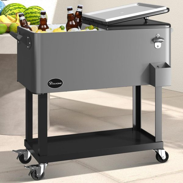 Uforic 80 Quart Rolling Ice Chest Cooler Cart,Outdoor Portable Beverage Cart, with Bottle Opener, Storage Shelf and Drain, Gray