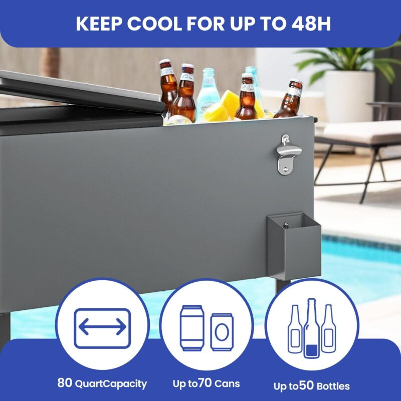 Uforic 80 Quart Rolling Ice Chest Cooler Cart,Outdoor Portable Beverage Cart, with Bottle Opener, Storage Shelf and Drain, Gray - Image 5