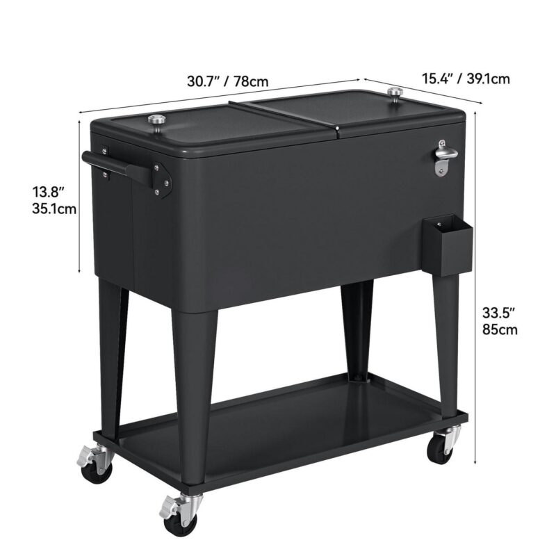 Uforic 80 Quart Rolling Ice Chest Cooler Cart, Outdoor Portable Beverage Cart, with Handles, Bottle Opener and Drain, Black - Image 2