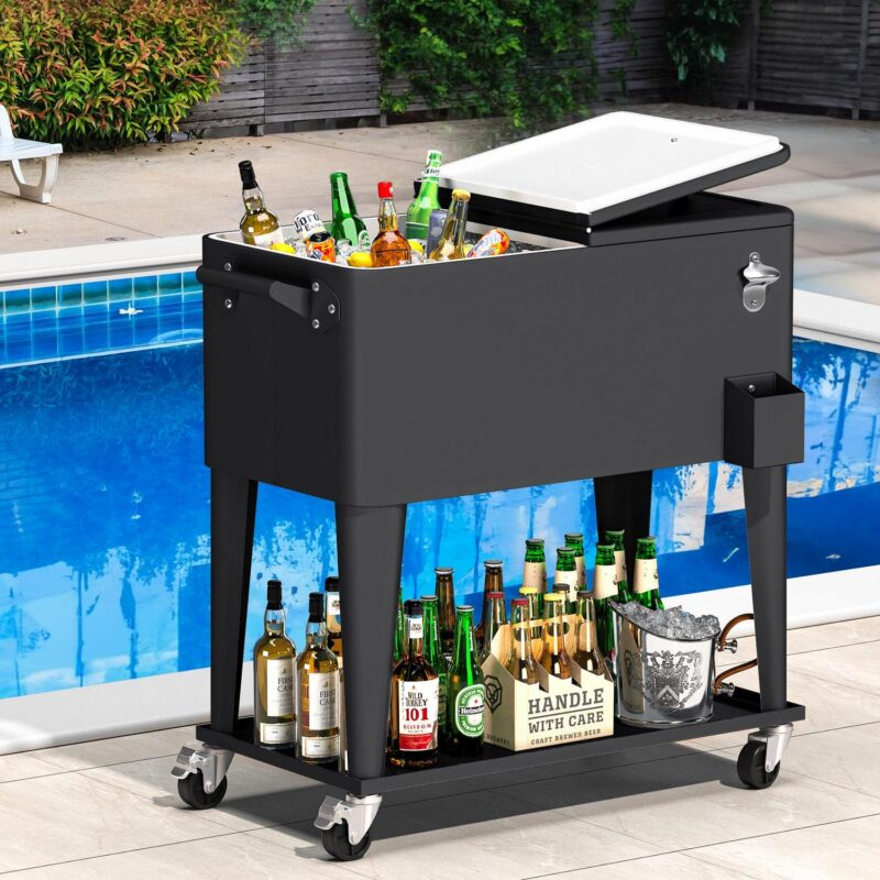 Uforic 80 Quart Rolling Ice Chest Cooler Cart, Outdoor Portable Beverage Cart, with Handles, Bottle Opener and Drain, Black - Image 5