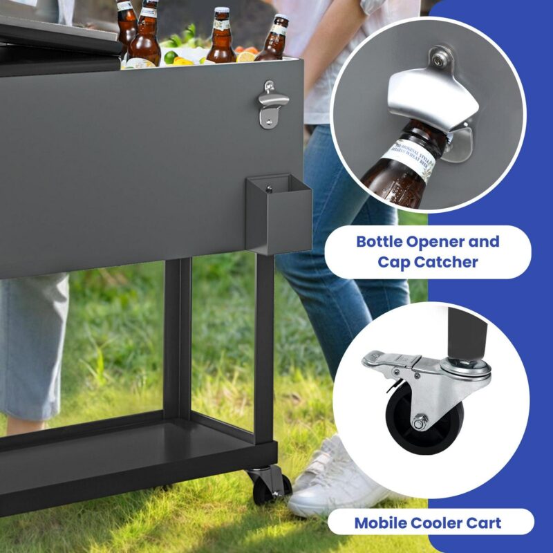 Uforic 80 Quart Rolling Ice Chest Cooler Cart,Outdoor Portable Beverage Cart, with Bottle Opener, Storage Shelf and Drain, Gray - Image 6