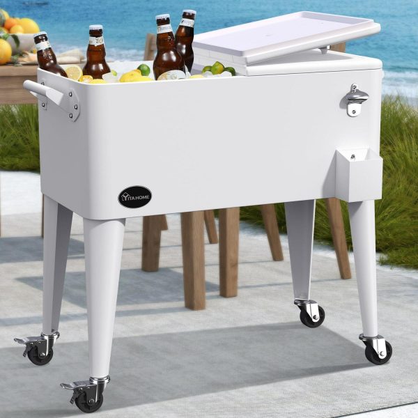 Uforic 80 Quart Rolling Ice Chest Cooler Cart,Outdoor Portable Beverage Cart with Bottle Opener and Drain, White
