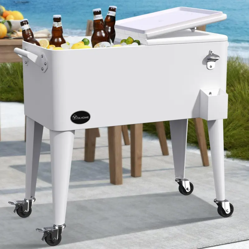 Uforic 80 Quart Rolling Ice Chest Cooler Cart,Outdoor Portable Beverage Cart with Bottle Opener and Drain, White