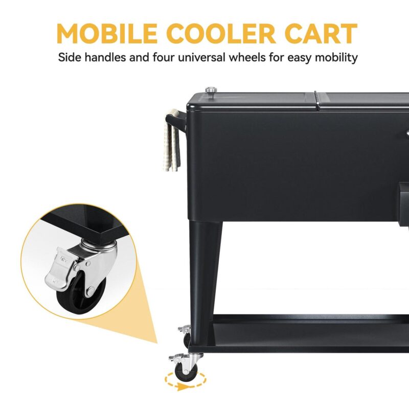 Uforic 80 Quart Rolling Ice Chest Cooler Cart, Outdoor Portable Beverage Cart, with Handles, Bottle Opener and Drain, Black - Image 6