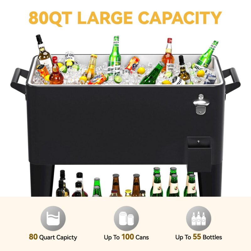 Uforic 80 Quart Rolling Ice Chest Cooler Cart, Outdoor Portable Beverage Cart, with Handles, Bottle Opener and Drain, Black - Image 3