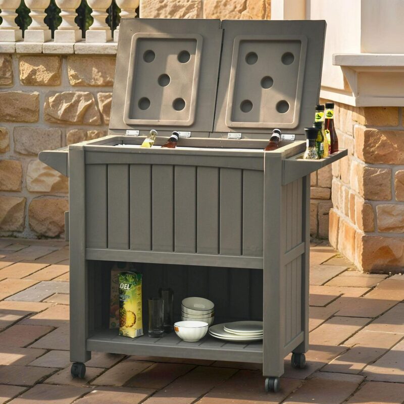 Uforic 85 Quart Rolling Cooler Cart, Outdoor Portable Outdoor Ice Chest with Bottle Opener and Bottom Storage Tray, for Patio Party BBQ, Light Brown - Image 2