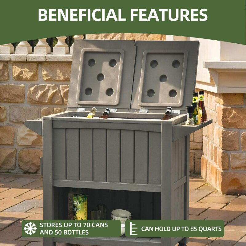 Uforic 85 Quart Rolling Cooler Cart, Outdoor Portable Outdoor Ice Chest with Bottle Opener and Bottom Storage Tray, for Patio Party BBQ, Light Brown - Image 5