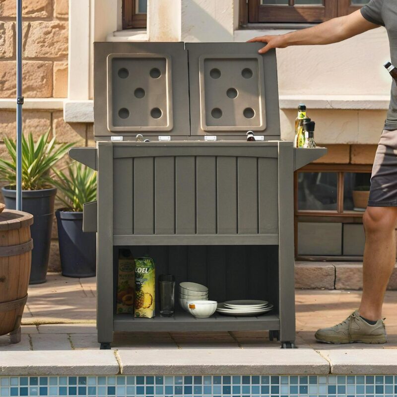 Uforic 85 Quart Rolling Cooler Cart, Outdoor Portable Outdoor Ice Chest with Bottle Opener and Bottom Storage Tray, for Patio Party BBQ, Light Brown - Image 6