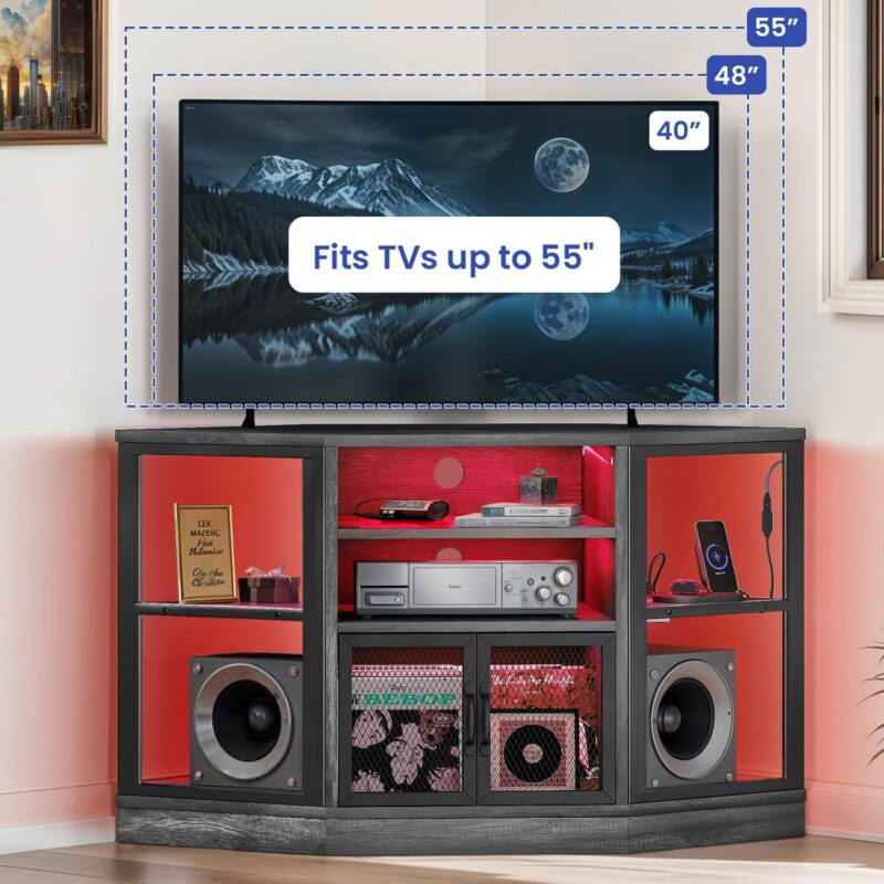 Uforic Corner TV Stand, LED-Lit Entertainment Center for TVs up to 55 Inches for Living Room - Image 3