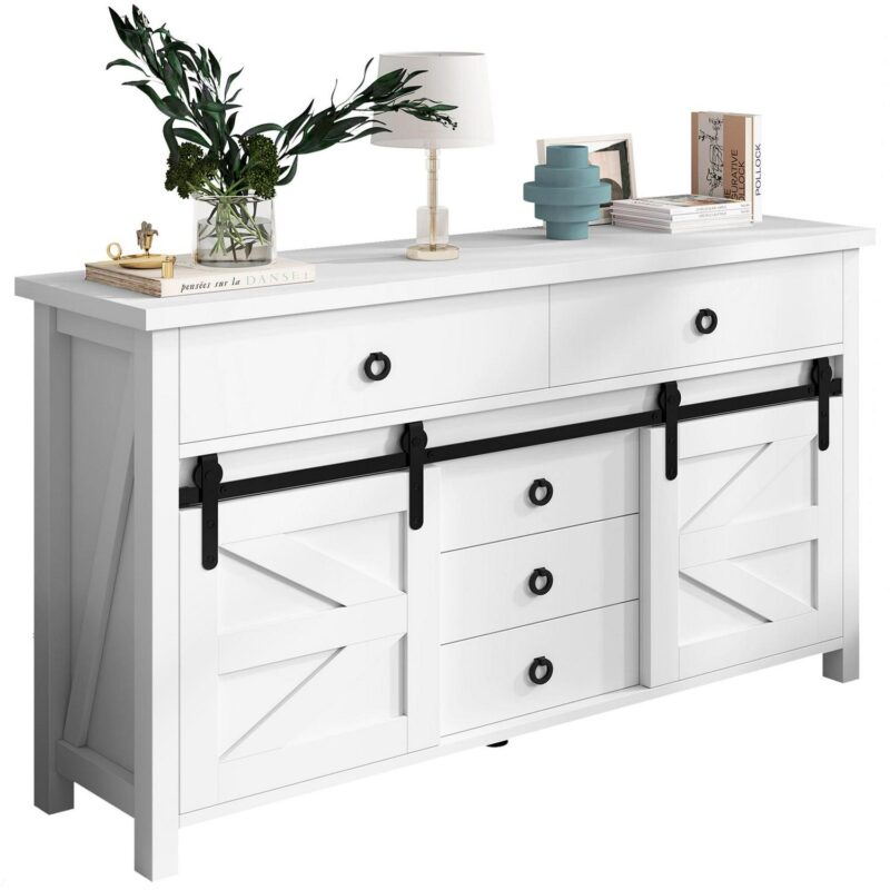Uforic Farmhouse 7 Drawer Dressers For Bedroom White With 2 Sliding Barn Doors Coffee Bar Cabinet with Storage Drawer Wood Sideboard - Image 6