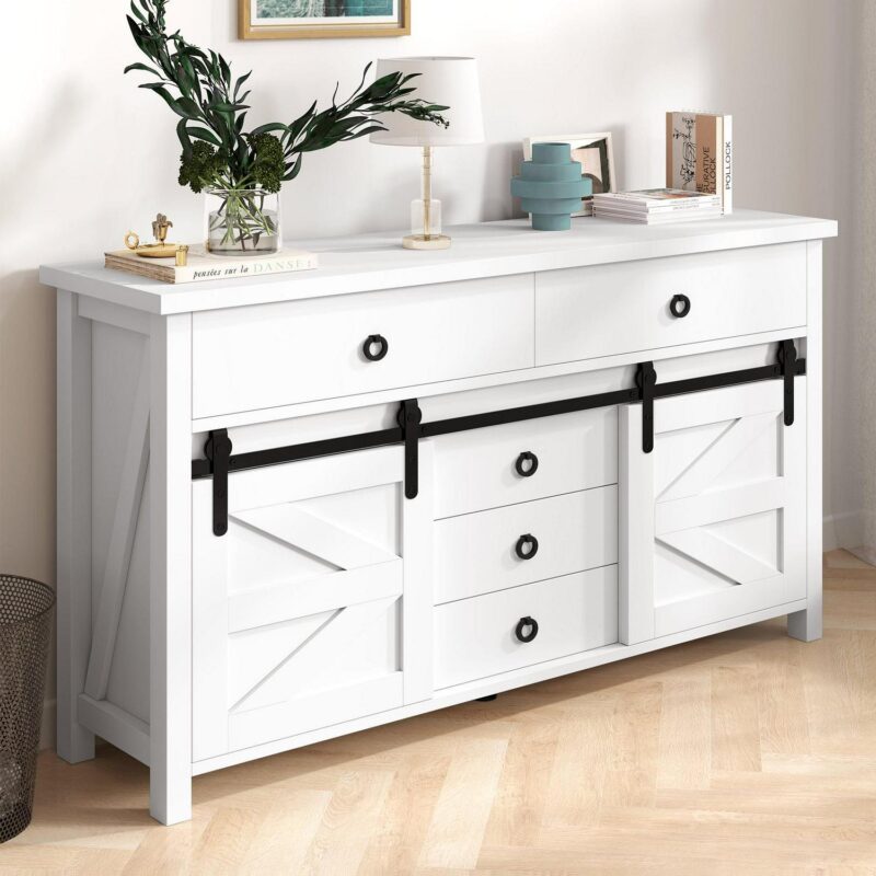 Uforic Farmhouse 7 Drawer Dressers For Bedroom White With 2 Sliding Barn Doors Coffee Bar Cabinet with Storage Drawer Wood Sideboard