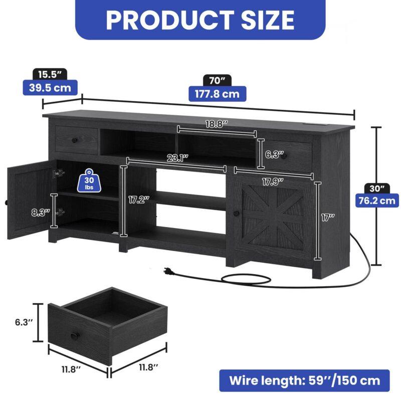 Uforic Farmhouse TV Stand for 75/80 Inch TV, Rustic Entertainment Center with Power Outlet, Storage Drawers, TV Console for Living Room, Black - Image 4