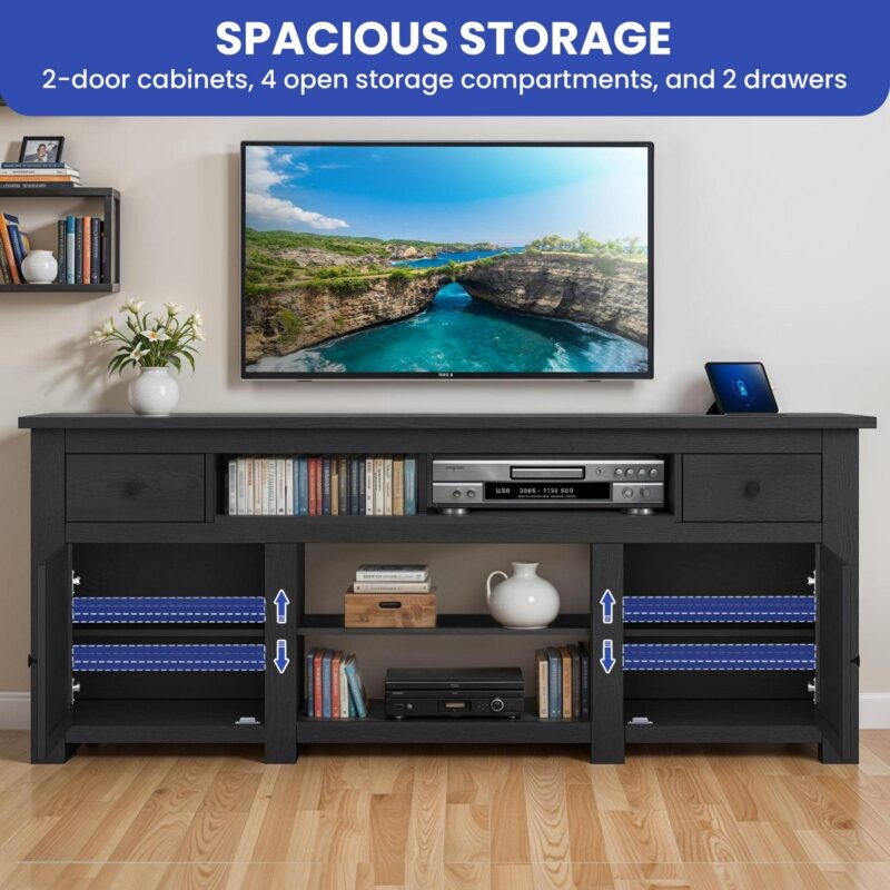 Uforic Farmhouse TV Stand for 75/80 Inch TV, Rustic Entertainment Center with Power Outlet, Storage Drawers, TV Console for Living Room, Black - Image 5