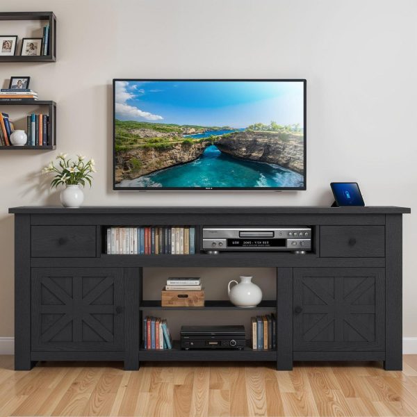 Uforic Farmhouse TV Stand for 75/80 Inch TV, Rustic Entertainment Center with Power Outlet, Storage Drawers, TV Console for Living Room, Black