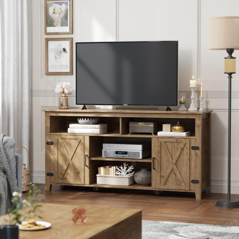 Uforic Farmhouse TV Stand for 65 Inch TV, Barn Door Entertainment Center, Brown - Image 7