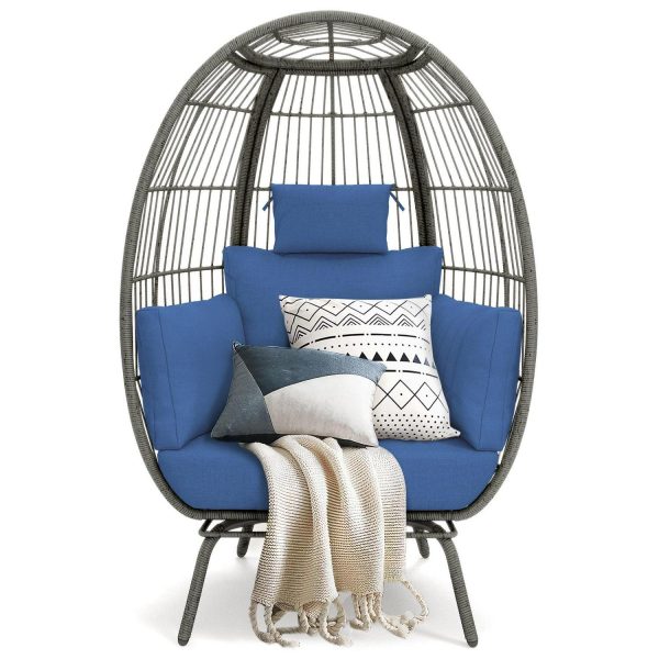 Uforic Outdoor Wicker Egg Chair with Cushion,Patio Wicker Basket Chair with Stand,Cocoon Chair - Blue
