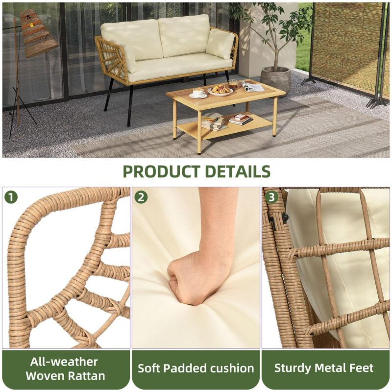 Uforic Outdoor Wicker Loveseat with Cushions and Rattan Side Table, All-Weather 2 Pieces Bistro Patio Conversation Furniture Set -Beige - Image 5
