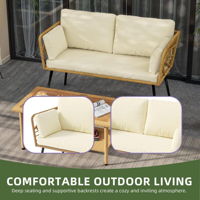 Uforic Outdoor Wicker Loveseat with Cushions and Rattan Side Table, All-Weather 2 Pieces Bistro Patio Conversation Furniture Set -Beige - Image 6
